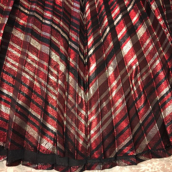 Sz S ZARA Red Black & Gold Metallic Accordian Pleated Striped Lurex Midi Skirt - Picture 11 of 16